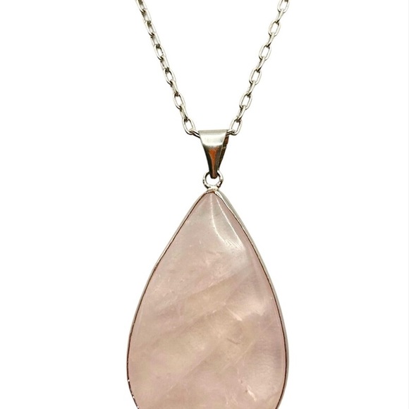 Vintage Large Rose Quartz Teardrop Pendant Necklace 18k White Gold Plated - Picture 3 of 6